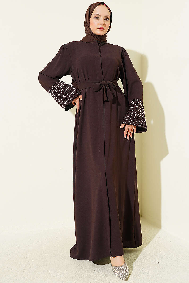 Abaya with Pearl-Embellished Sleeves - Brown