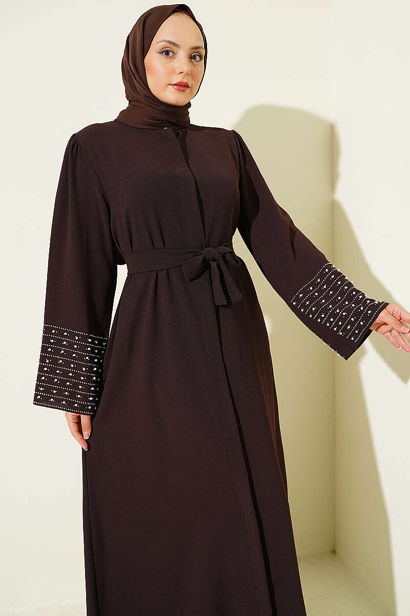 Abaya with Pearl-Embellished Sleeves - Brown