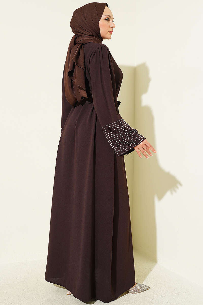 Abaya with Pearl-Embellished Sleeves - Brown