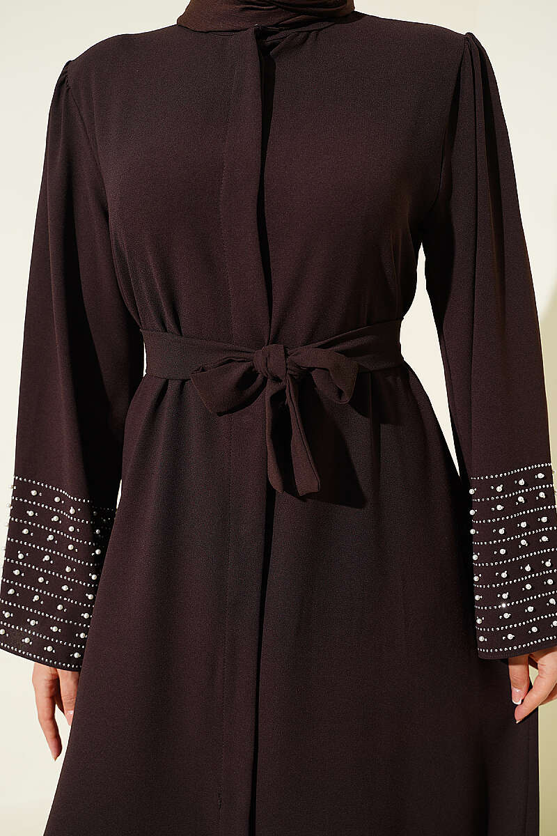 Abaya with Pearl-Embellished Sleeves - Brown