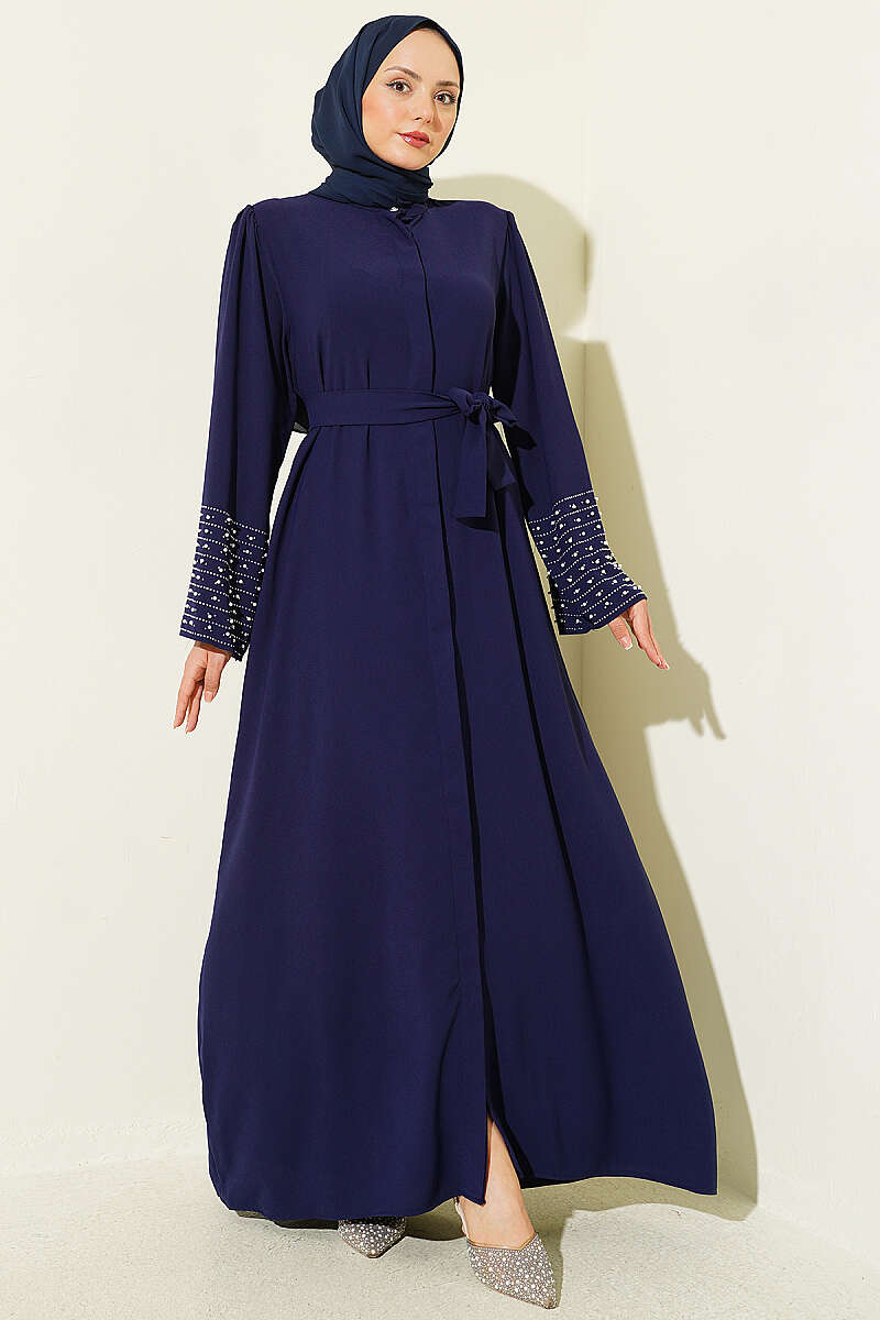 Abaya with Pearl-Embellished Sleeves - Navy