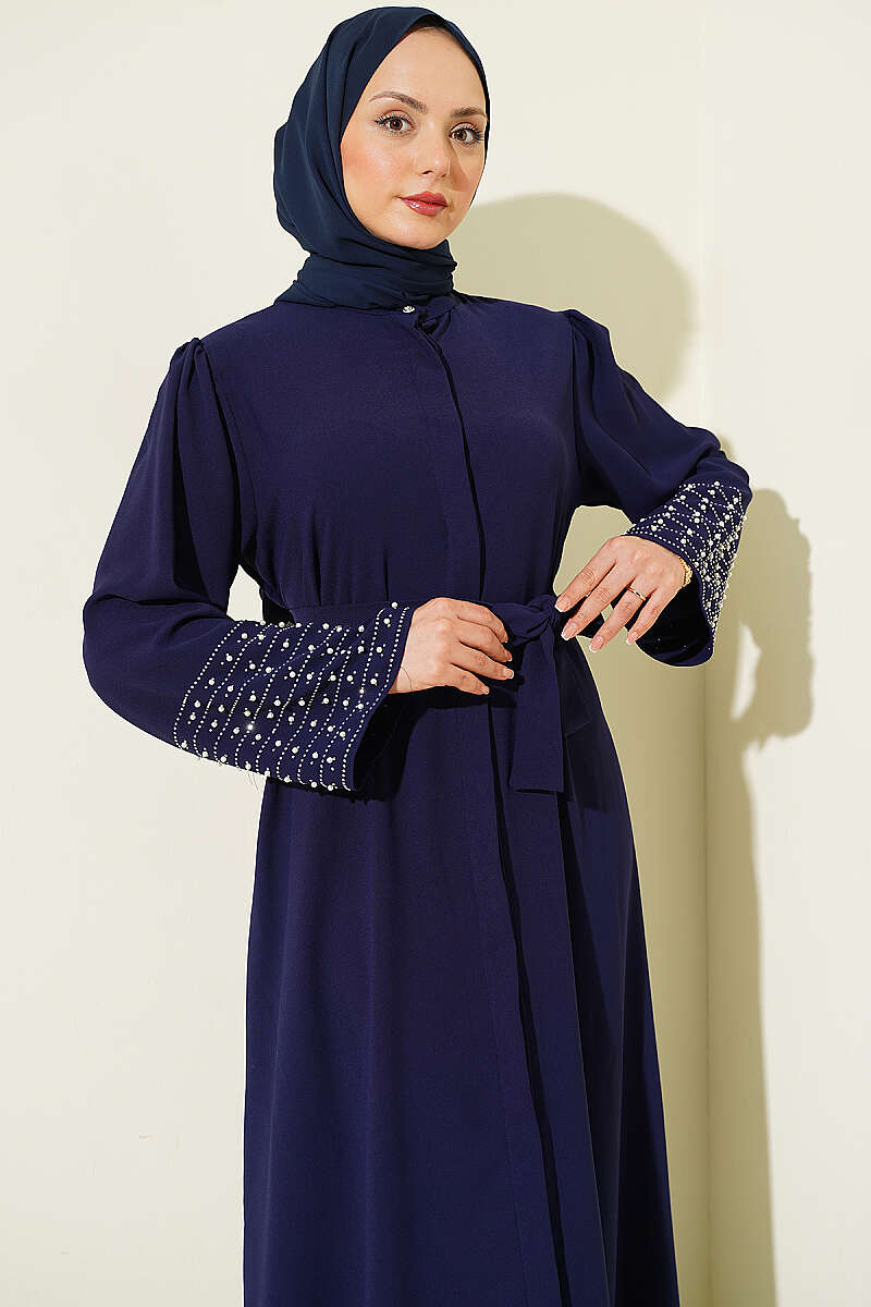 Abaya with Pearl-Embellished Sleeves - Navy
