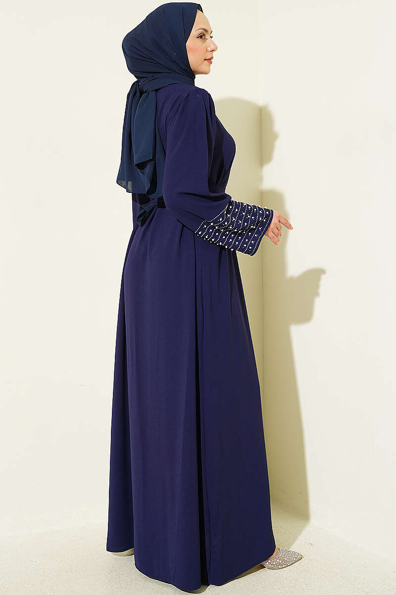 Abaya with Pearl-Embellished Sleeves - Navy