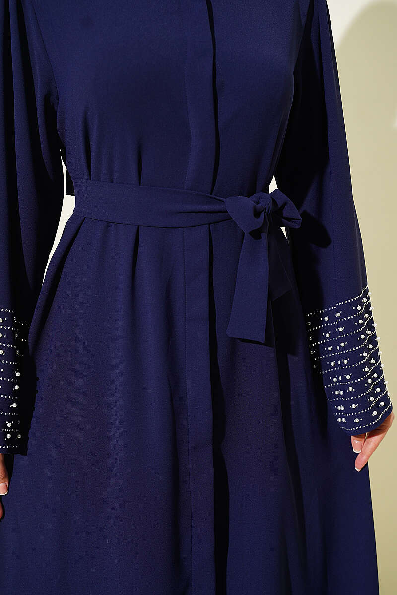 Abaya with Pearl-Embellished Sleeves - Navy