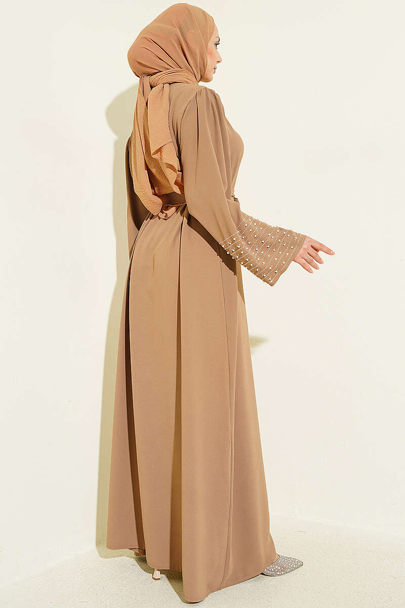 Abaya with Pearl-Embellished Sleeves - Latte