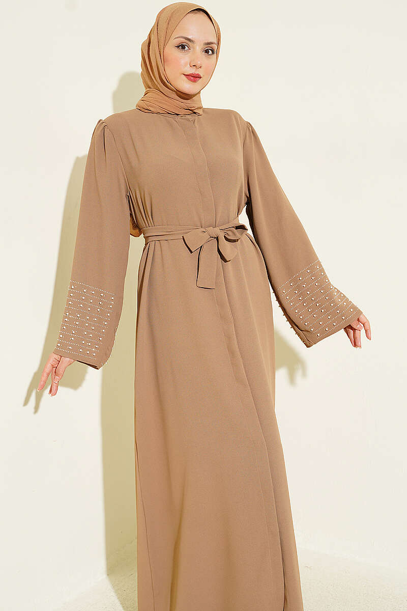 Abaya with Pearl-Embellished Sleeves - Latte