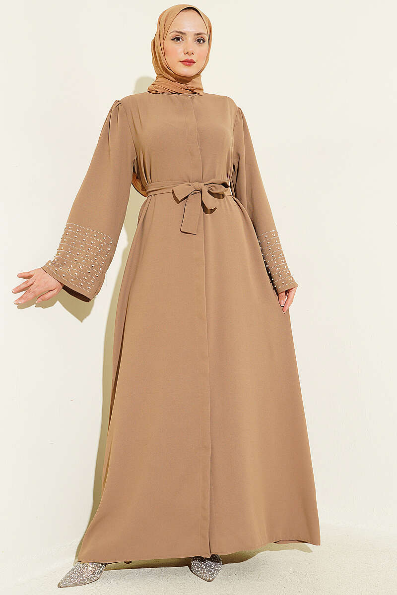 Abaya with Pearl-Embellished Sleeves - Latte