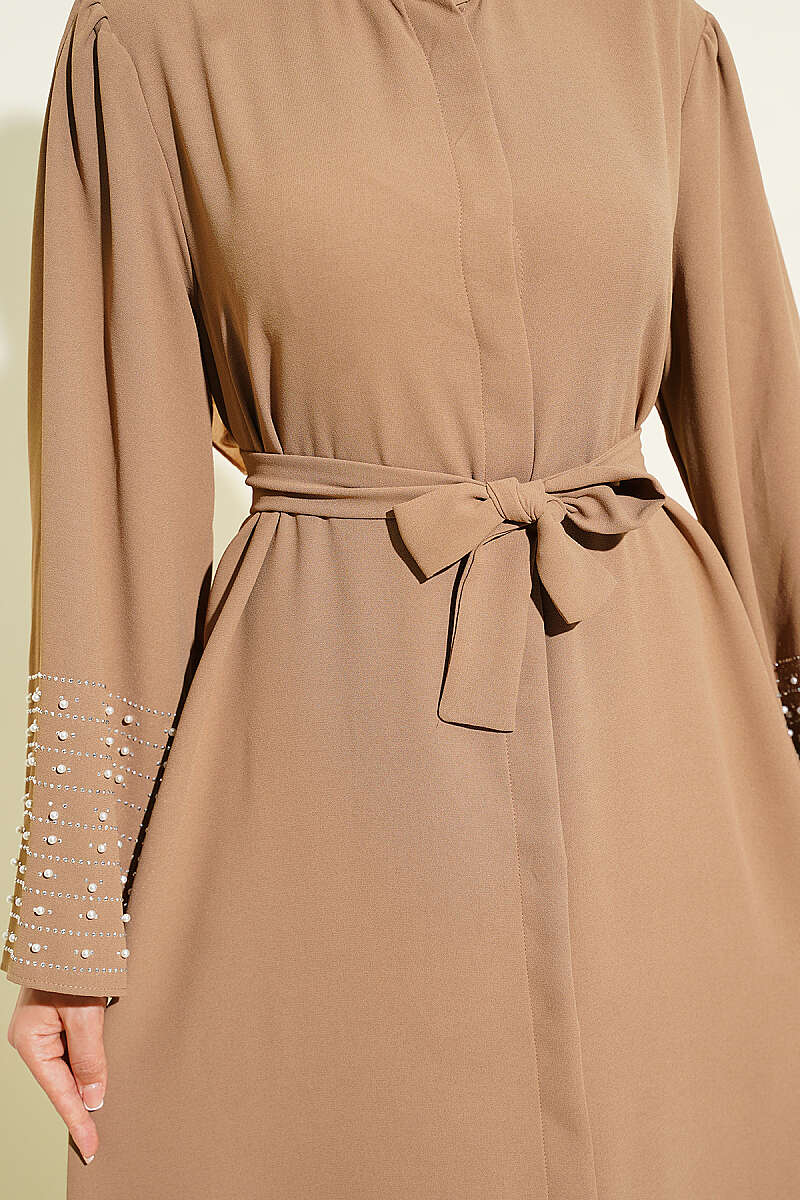 Abaya with Pearl-Embellished Sleeves - Latte