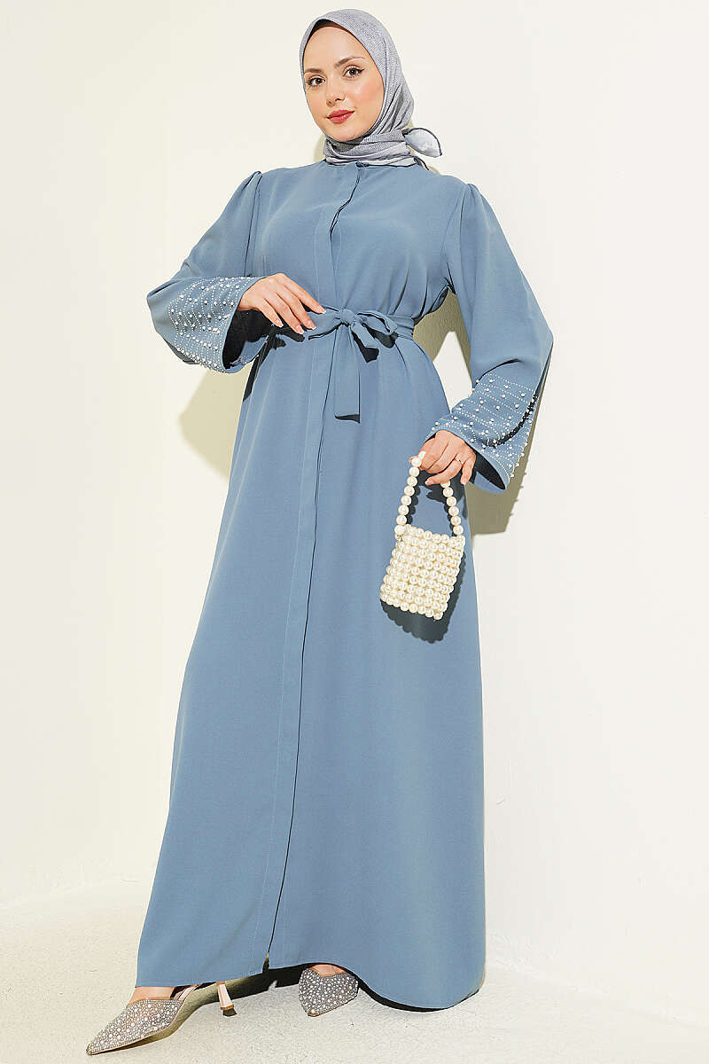 Abaya with Pearl-Embellished Sleeves - Slate Grey