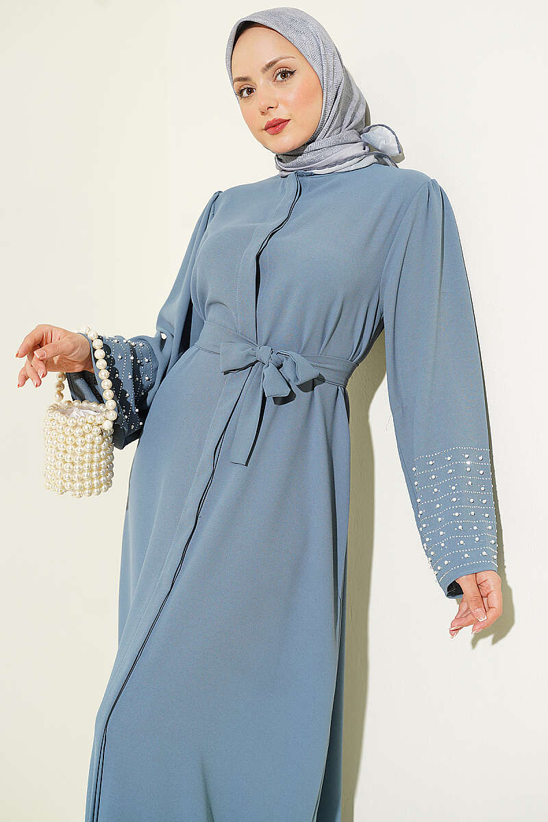 Abaya with Pearl-Embellished Sleeves - Slate Grey