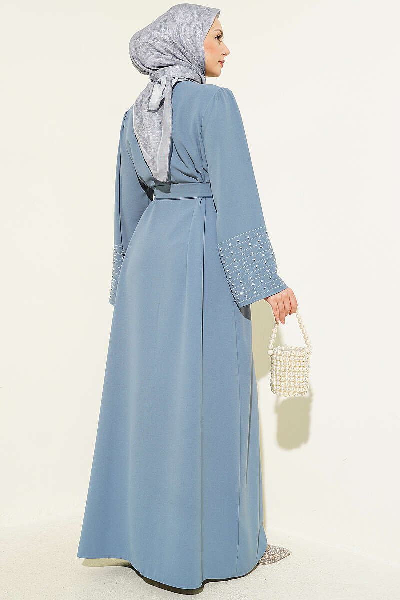Abaya with Pearl-Embellished Sleeves - Slate Grey