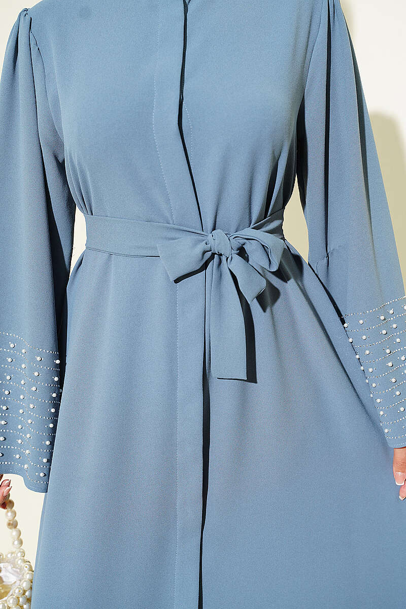 Abaya with Pearl-Embellished Sleeves - Slate Grey