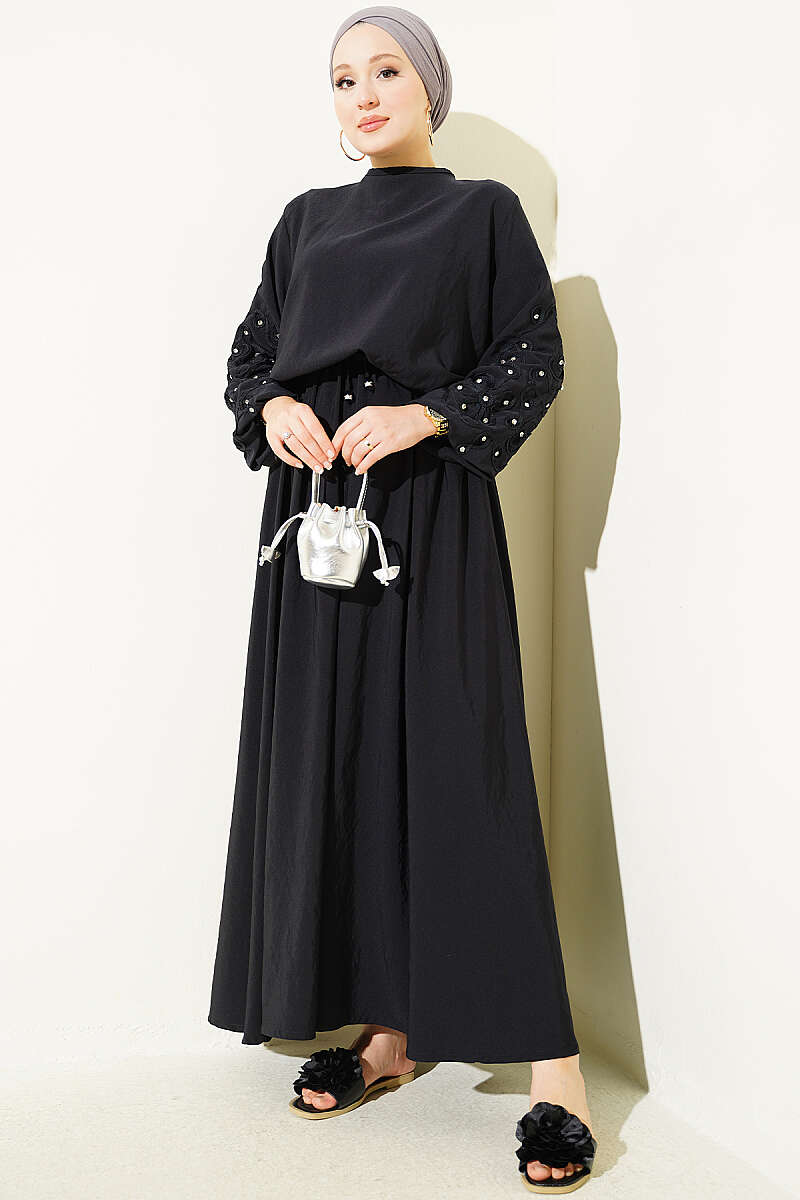 Skirt Set with Embossed Stone Sleeves - Dark Navy