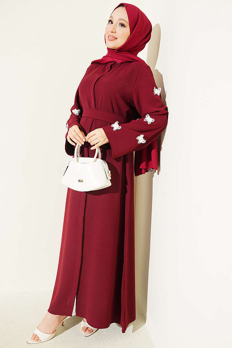 Dress with Butterfly-Embellished Sleeves - Burgundy