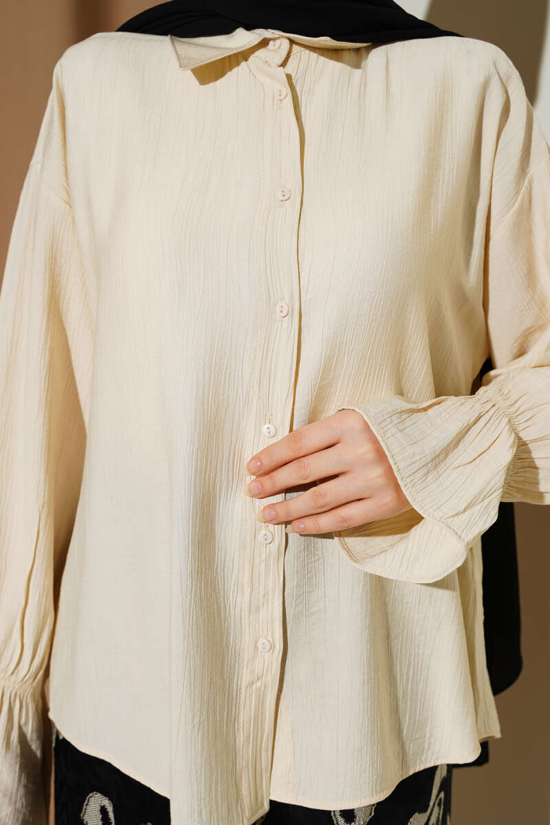 Crinkle Shirt with Elastic Cuffs - Beige