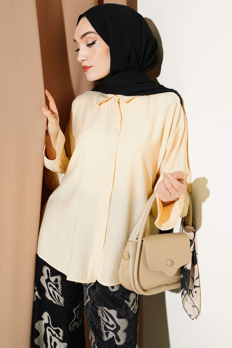 Crinkle Shirt with Elastic Cuffs - Beige
