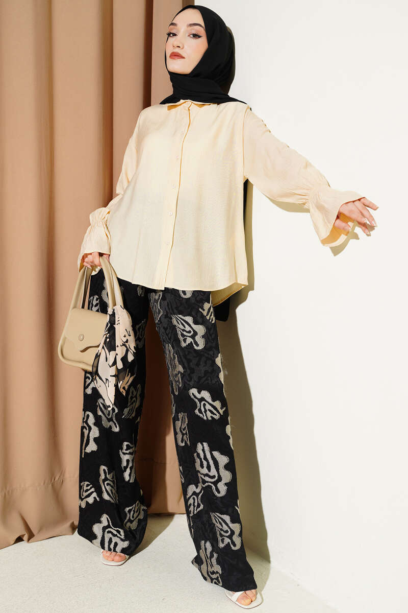 Crinkle Shirt with Elastic Cuffs - Beige
