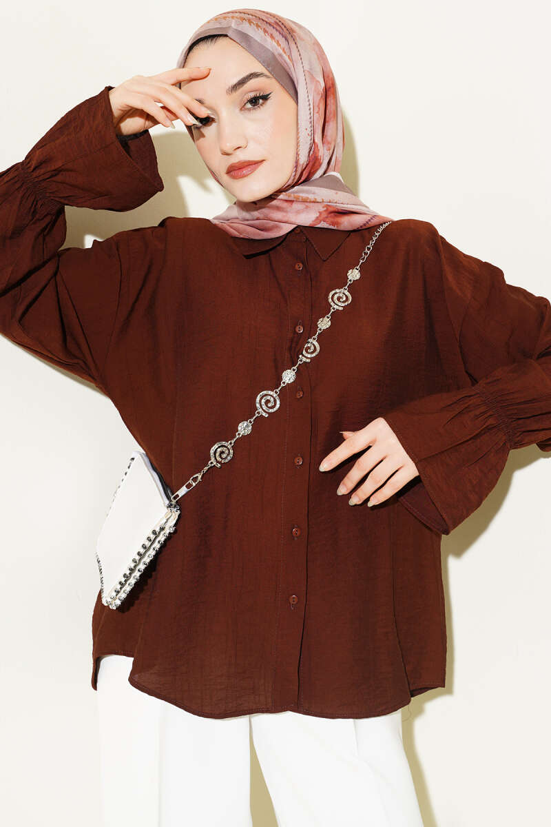 Crinkle Shirt with Elastic Cuffs - Brown