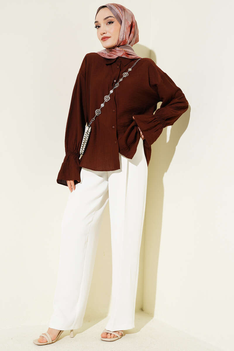 Crinkle Shirt with Elastic Cuffs - Brown