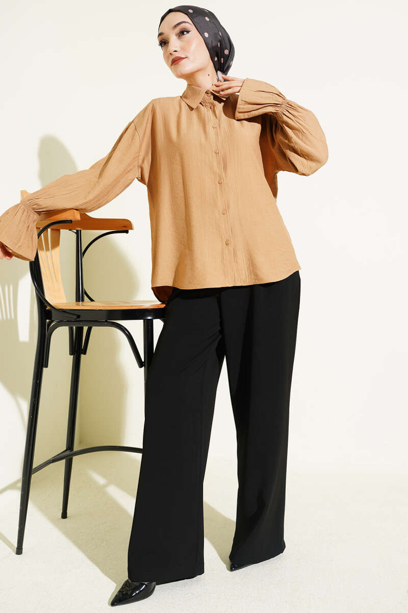 Crinkle Shirt with Elastic Cuffs - Latte