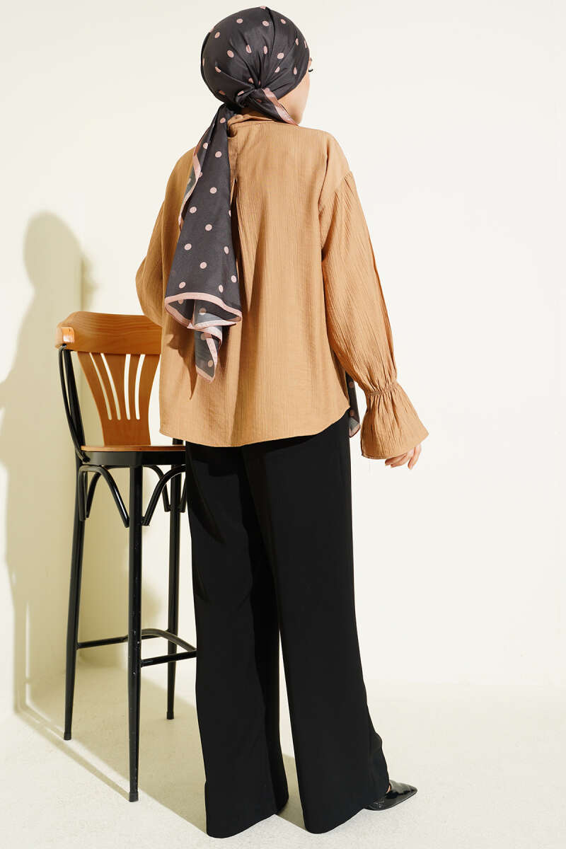 Crinkle Shirt with Elastic Cuffs - Latte