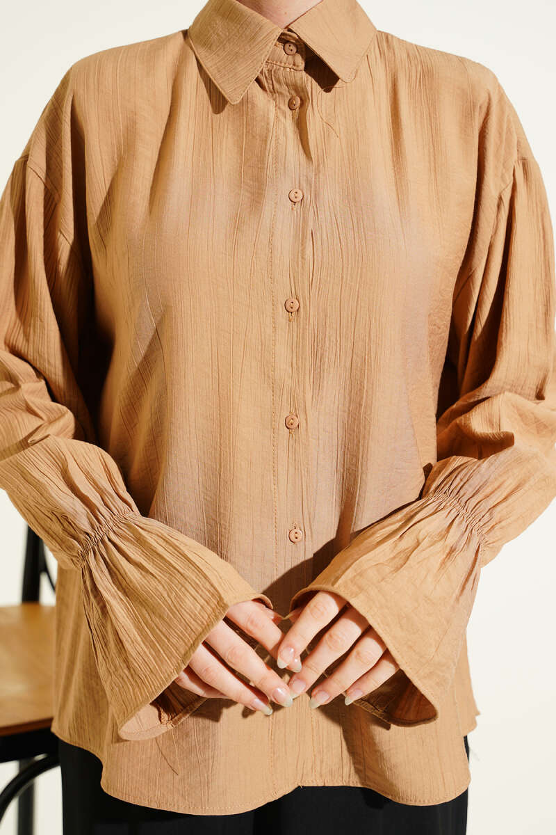 Crinkle Shirt with Elastic Cuffs - Latte