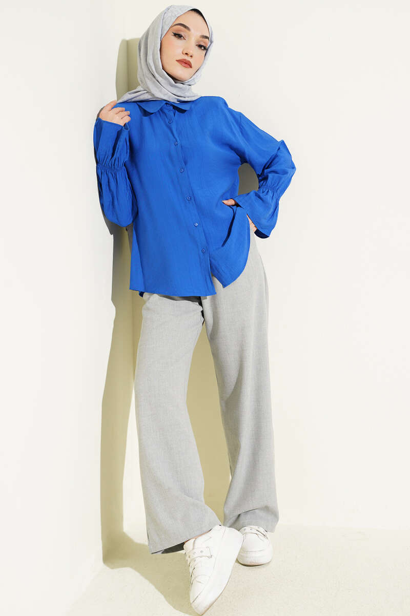 Crinkle Shirt with Elastic Cuffs - Saxe Blue