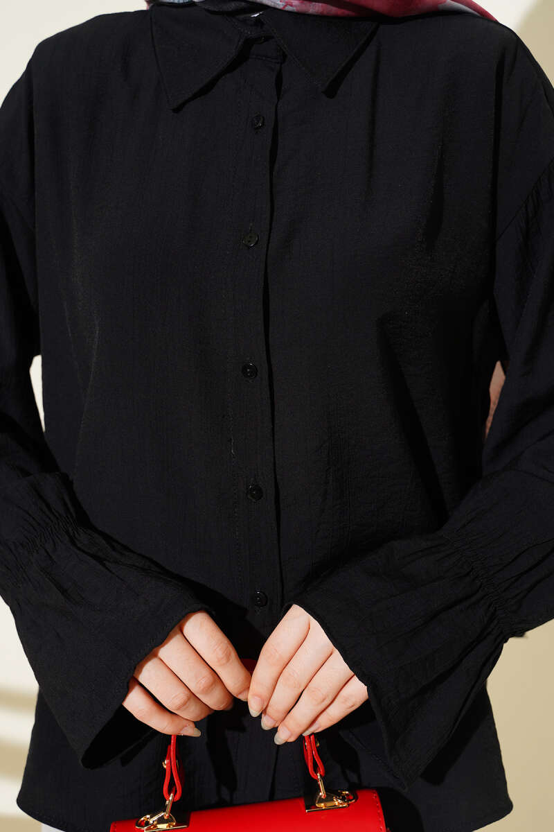 Crinkle Shirt with Elastic Cuffs - Black