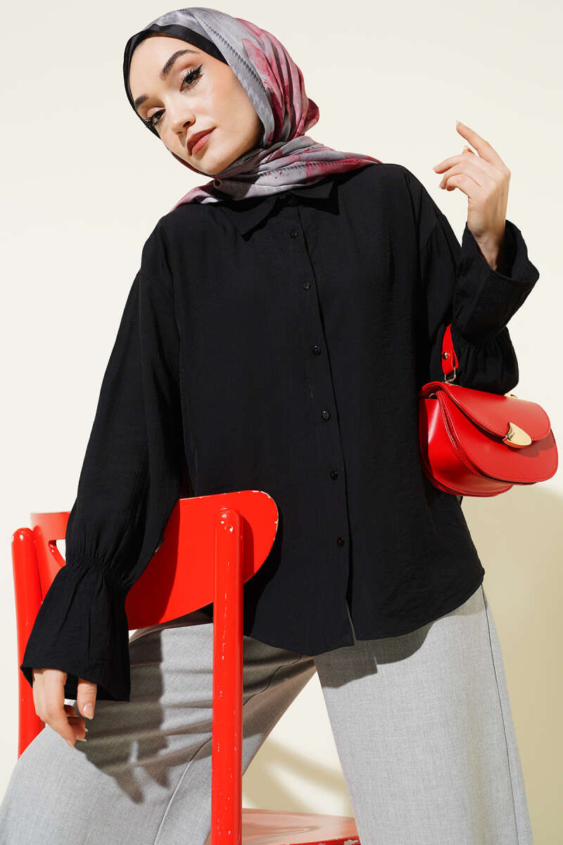 Crinkle Shirt with Elastic Cuffs - Black
