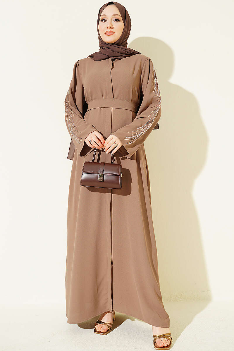 Crepe Abaya with Sequin-Embroidered Sleeves - Latte