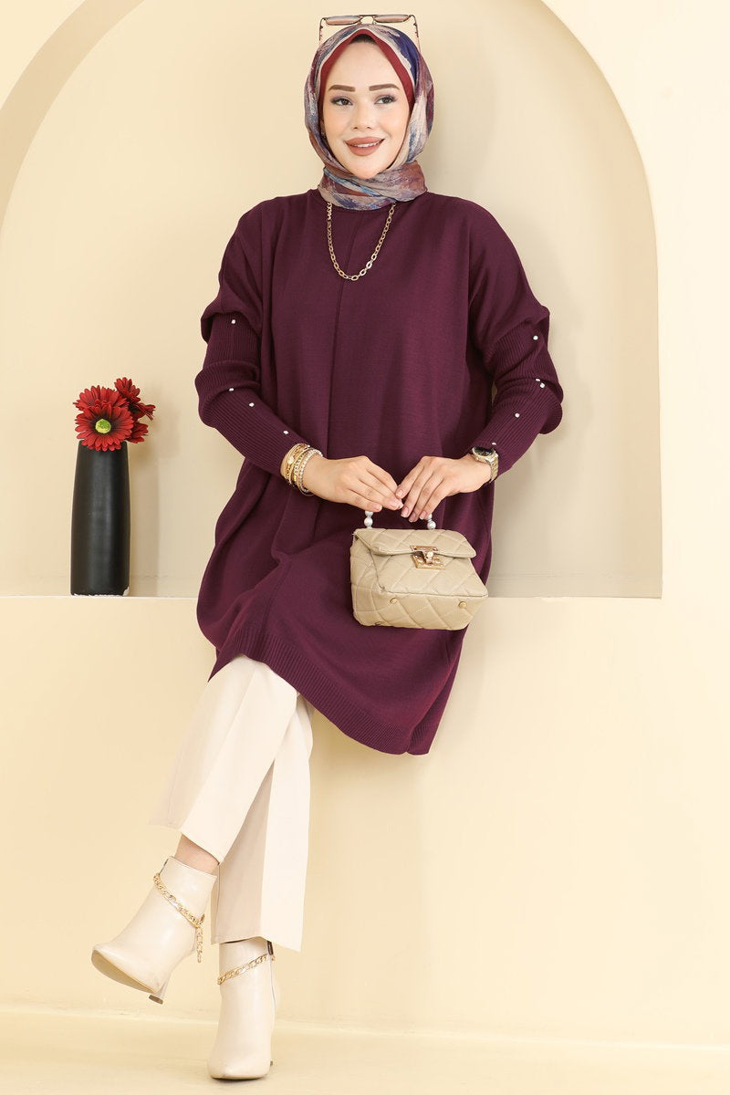 Knit Tunic with Embellished Sleeves - Burgundy