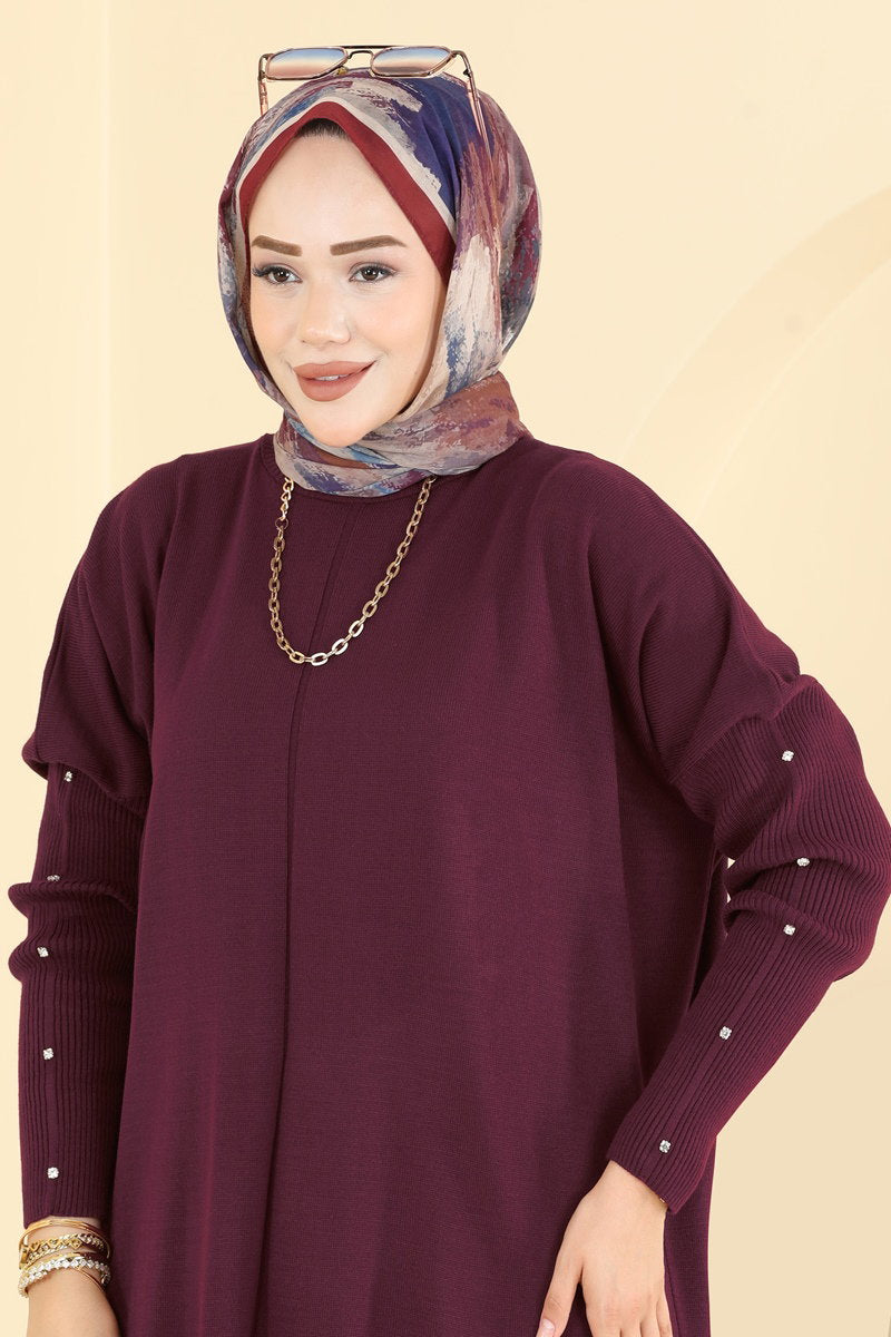 Knit Tunic with Embellished Sleeves - Burgundy