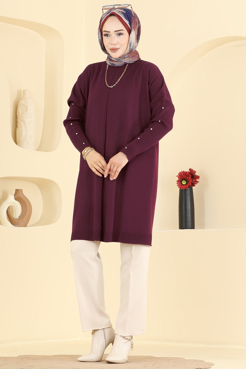 Knit Tunic with Embellished Sleeves - Burgundy