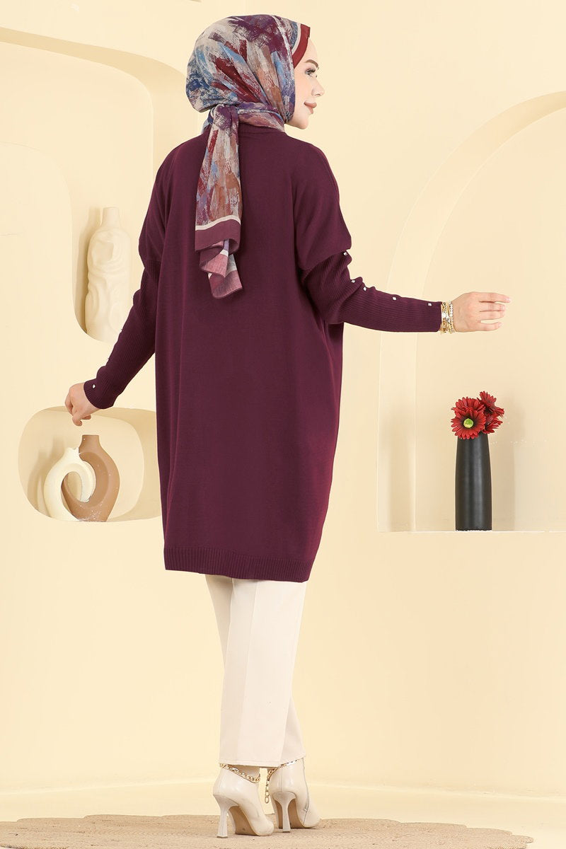 Knit Tunic with Embellished Sleeves - Burgundy