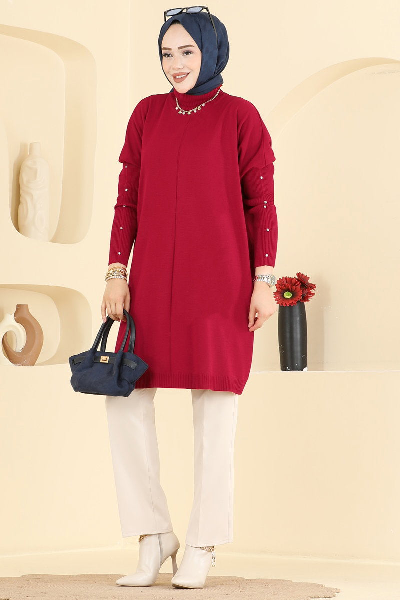 Knit Tunic with Embellished Sleeves - Red