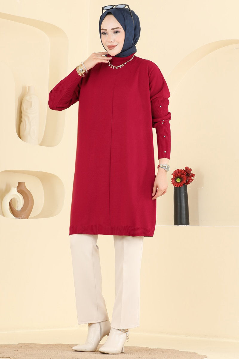 Knit Tunic with Embellished Sleeves - Red
