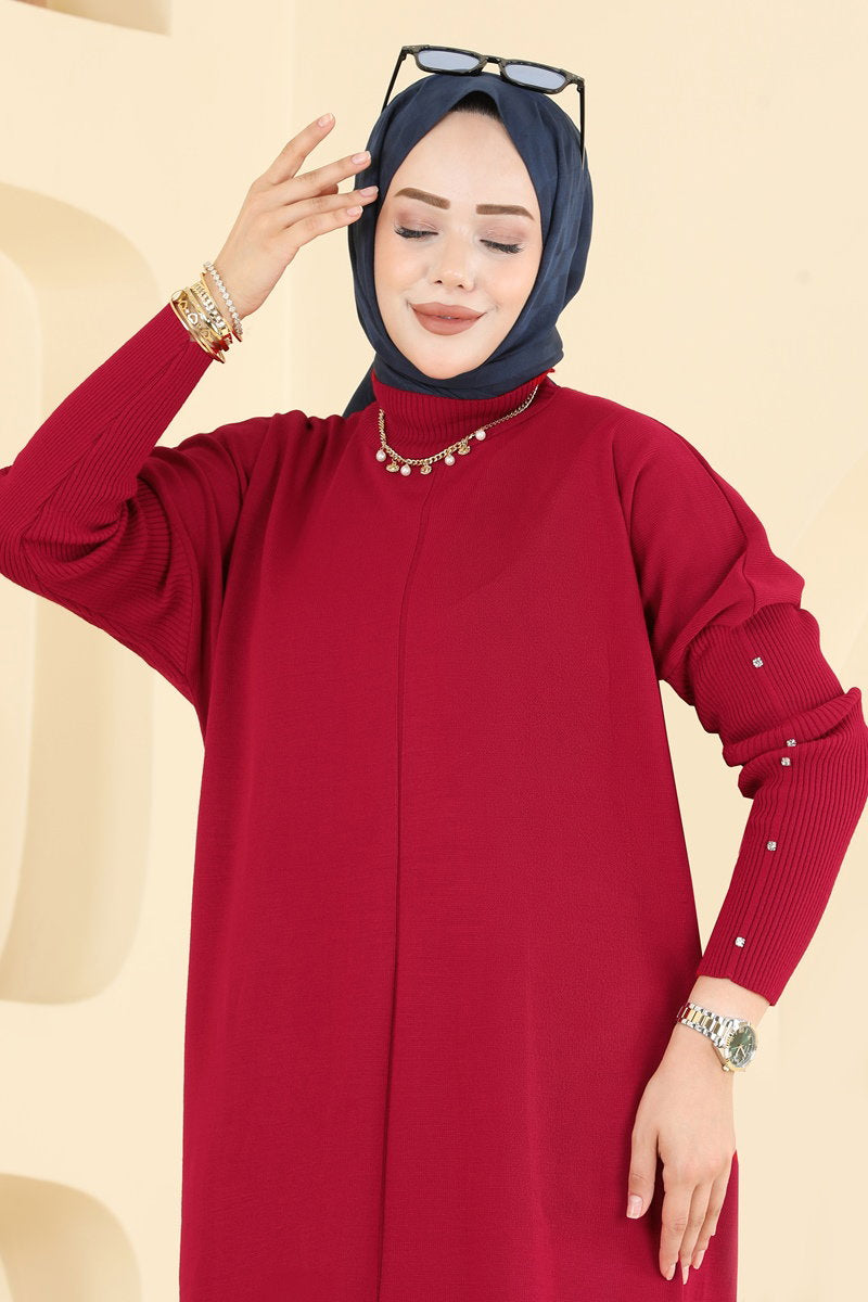 Knit Tunic with Embellished Sleeves - Red