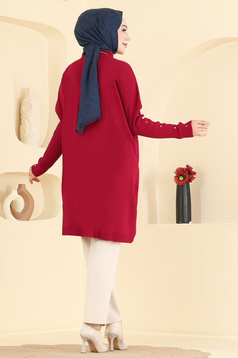 Knit Tunic with Embellished Sleeves - Red