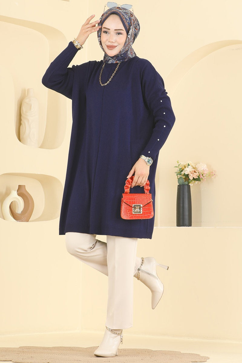 Knit Tunic with Embellished Sleeves - Navy