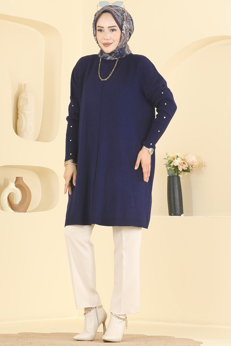 Knit Tunic with Embellished Sleeves - Navy