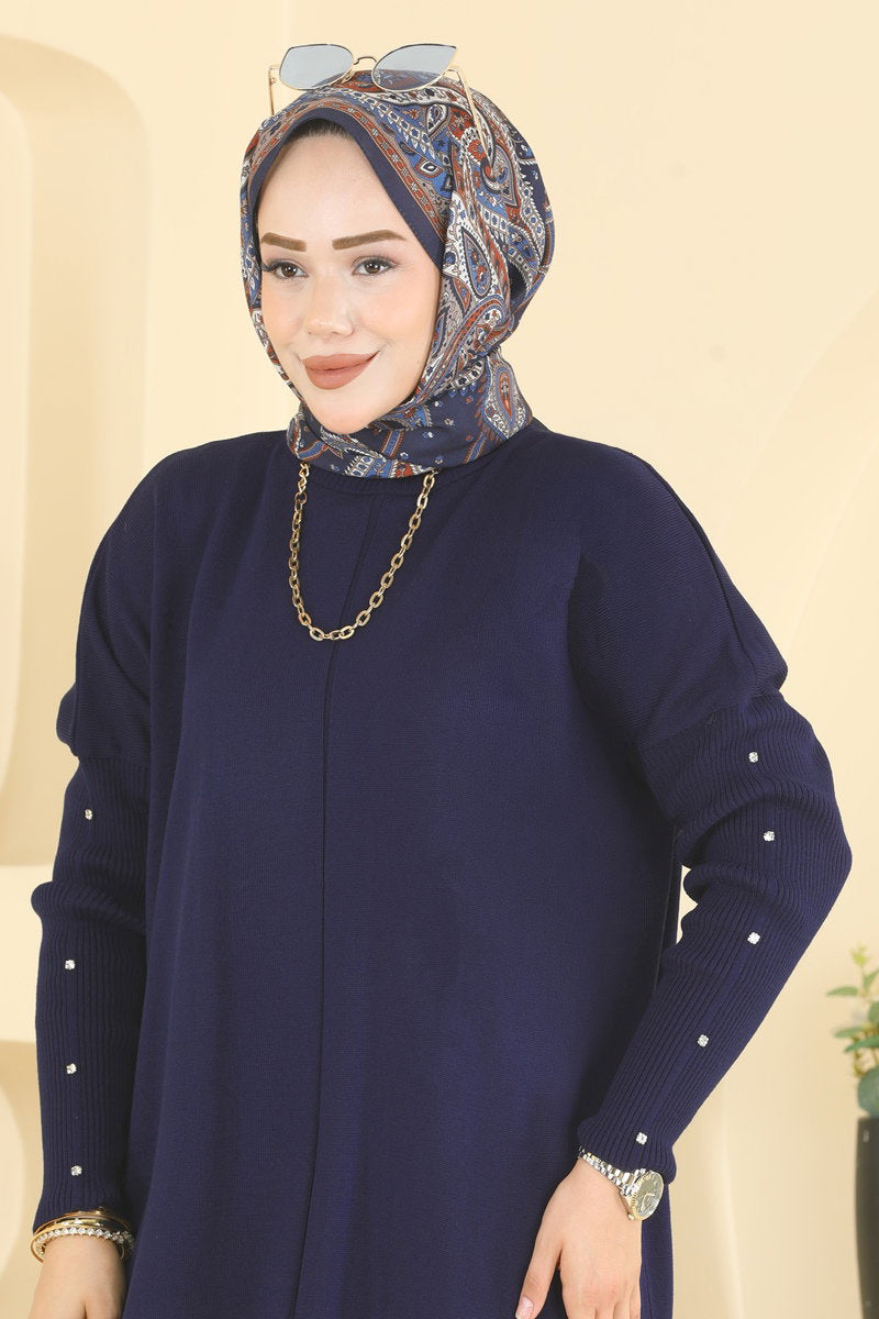 Knit Tunic with Embellished Sleeves - Navy