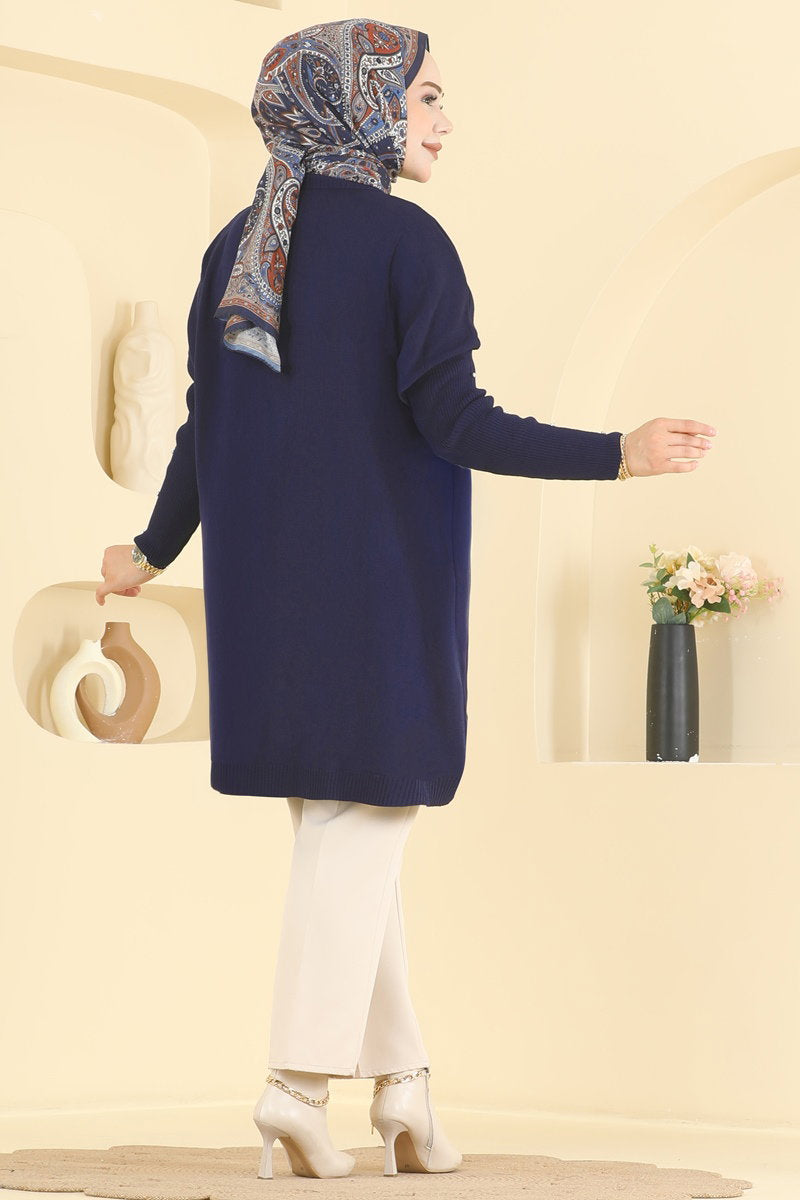 Knit Tunic with Embellished Sleeves - Navy