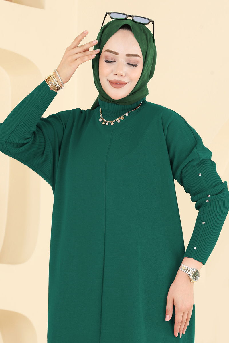 Knit Tunic with Embellished Sleeves - Teal