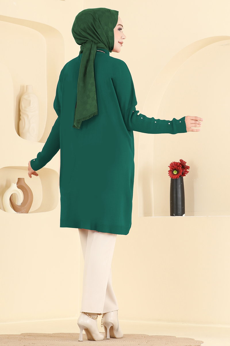 Knit Tunic with Embellished Sleeves - Teal