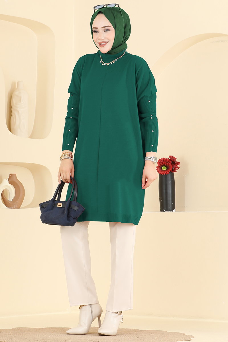 Knit Tunic with Embellished Sleeves - Teal