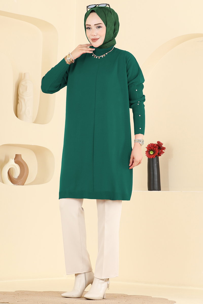 Knit Tunic with Embellished Sleeves - Teal