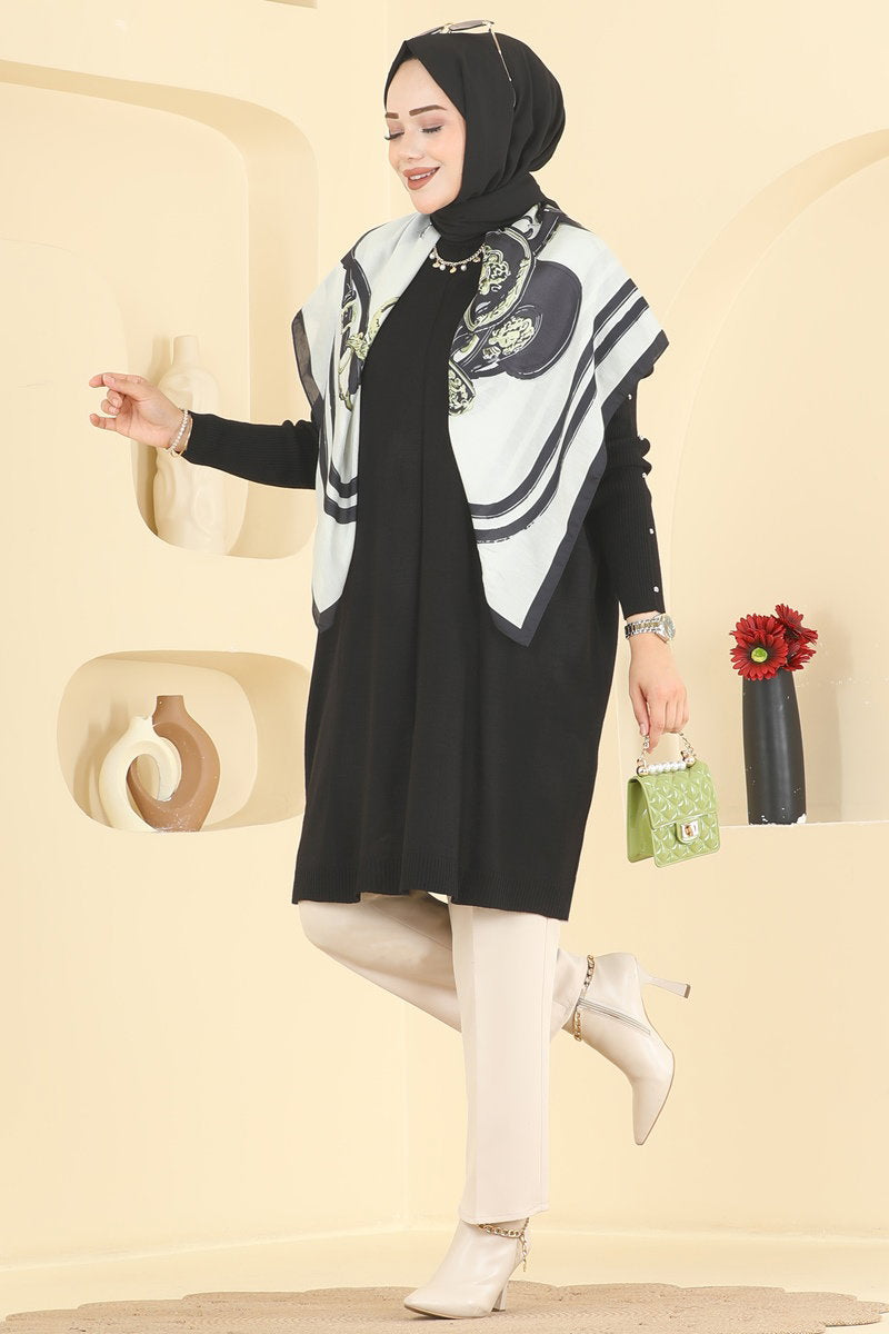 Knit Tunic with Embellished Sleeves - Black