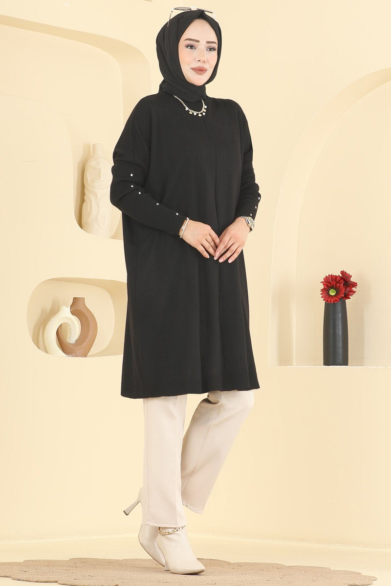 Knit Tunic with Embellished Sleeves - Black
