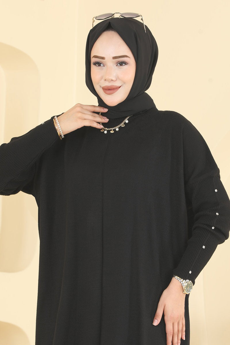 Knit Tunic with Embellished Sleeves - Black