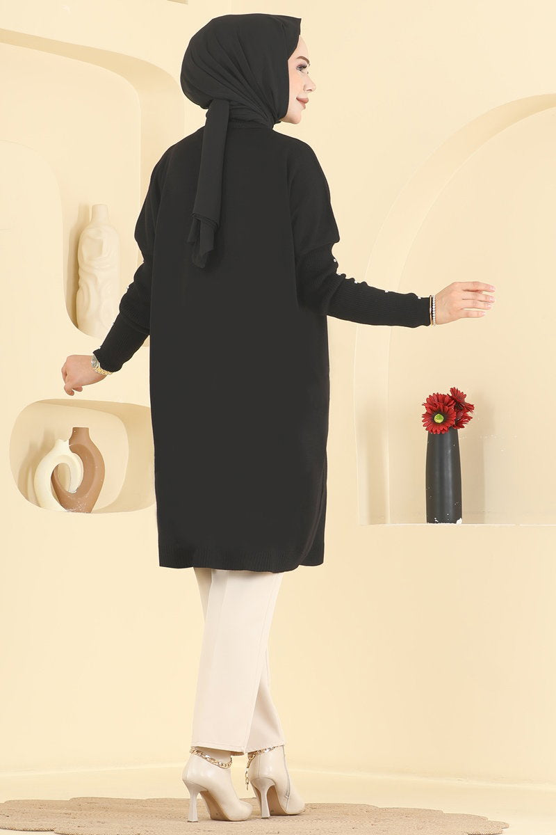 Knit Tunic with Embellished Sleeves - Black
